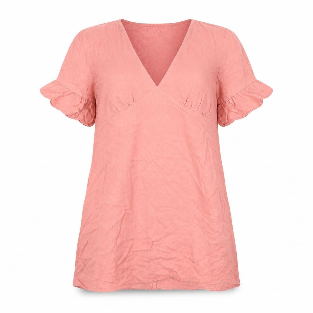 Front view of TRF women’s pink 100% cotton a-line, size L, v-neck pullover