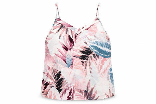 Front view of JEFF&CO women’s pink geometric polyester basic tank, size UK 14, v-neck