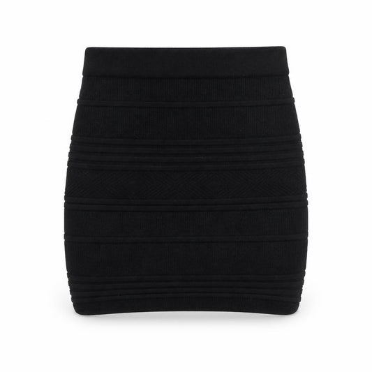Front view of Primark women’s black striped cotton bandage skirt, size UK 6