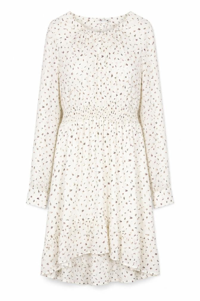 Front view of Misskoo women’s white geometric polyester a-line, size S, v-neck button