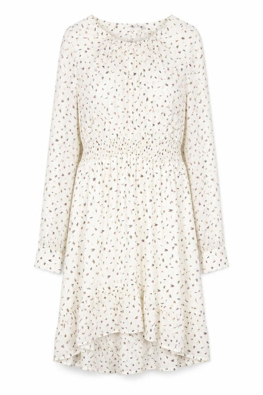Front view of Misskoo women’s white geometric polyester a-line, size S, v-neck button
