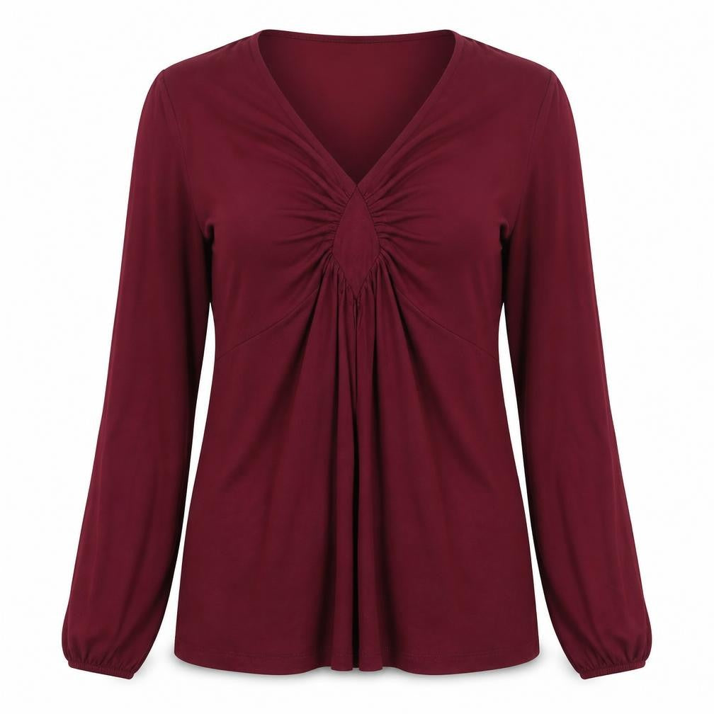 Front view of Body Flirt women’s red cotton basic blouse, size M, v-neck - ruched