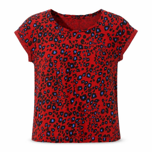 Front view of Q/S women’s red animal print 100% cotton basic t-shirt, size S, scoop neck - leopard print