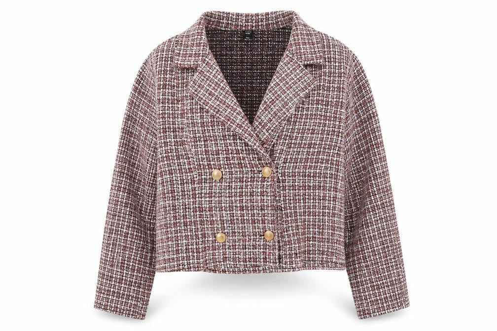 Front view of SHEIN women’s red geometric pea coat jacket, size XL, button