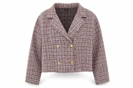 Front view of SHEIN women’s red geometric pea coat jacket, size XL, button