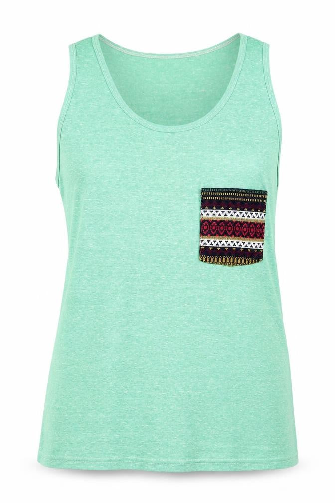 Front view of Bambele women’s green geometric 100% cotton basic tank, size L, round neck