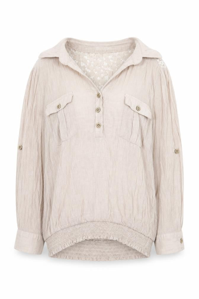 Front view of Active women’s beige cotton basic blouse, size M, v-neck - lace detail