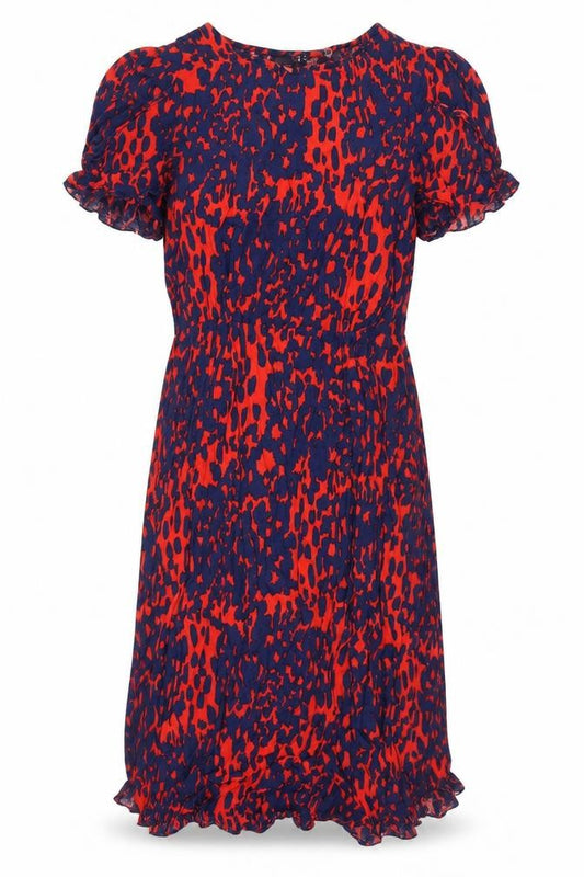 Front view of ASOS women’s multicoloured geometric polyester a-line, size UK 10, boat neck zip