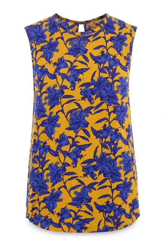 Front view of H&M women’s yellow floral viscose shift, size UK 6, boat neck pullover