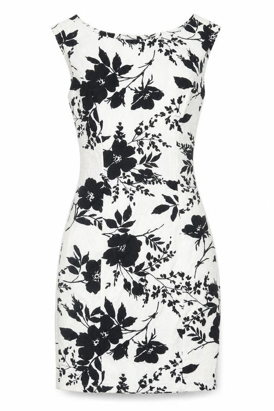 Front view of Love women’s yellow floral cotton a-line, size S, boat neck zip