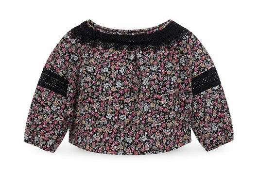 Front view of New Look women’s multicoloured geometric polyester basic blouse, size UK 6, off the shoulder - lace detail