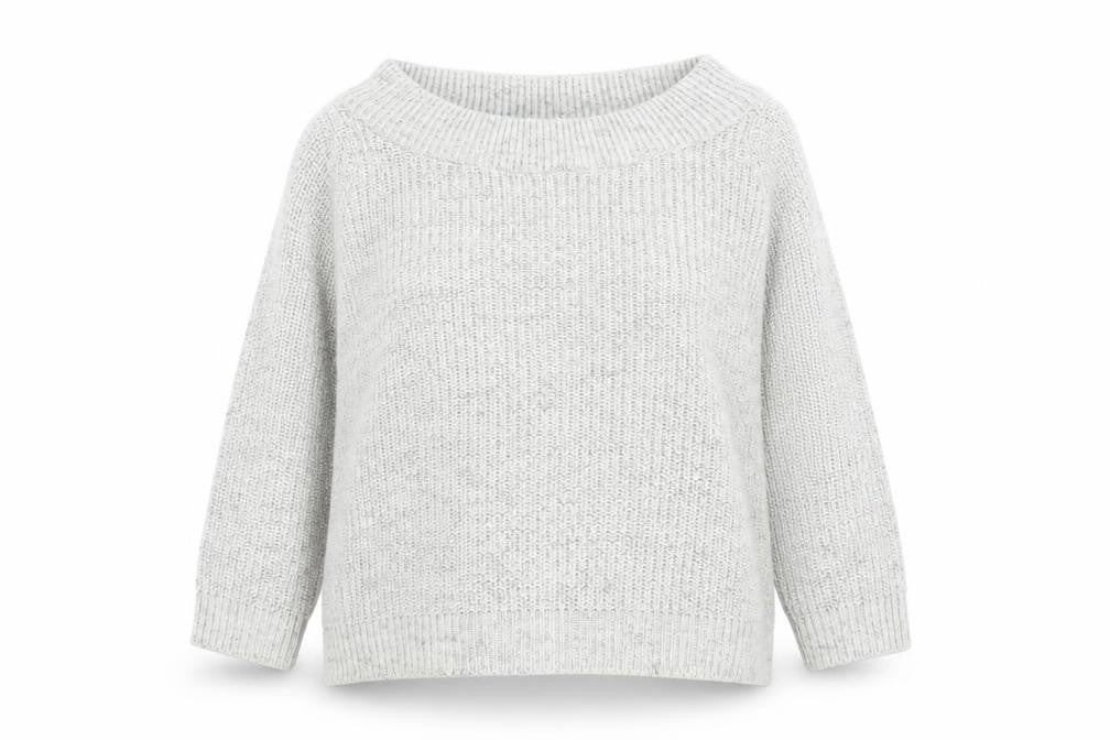 Front view of New Look women’s grey boat neck acrylic jumper, size L