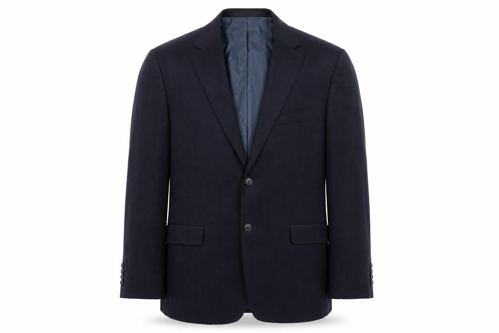 Front view of Marks & Spencer men’s blue polyester jacket blazer, size 42, regular
