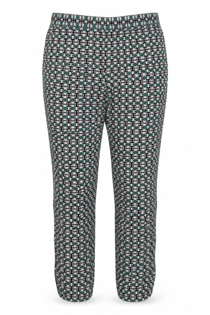 Front view of Stradivarius women’s multicoloured geometric polyester cropped trousers, size L, regular
