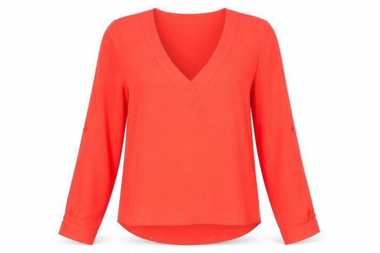 Front view of Atmosphere women’s red polyester basic blouse, size UK 8, v-neck