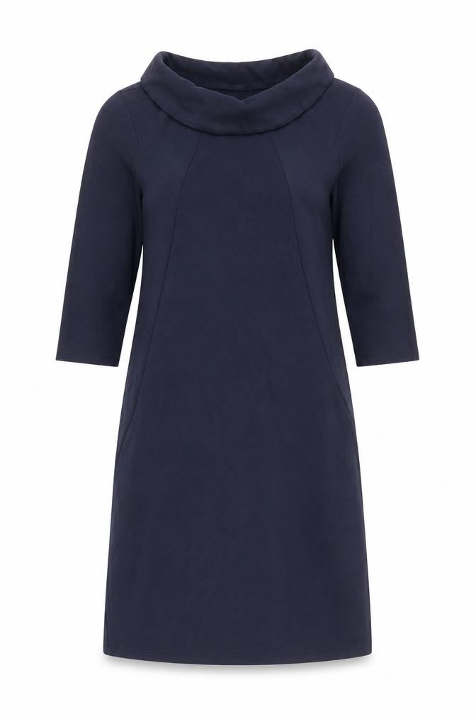 Front view of PURE Collection women’s blue viscose a-line, size UK 14, roll neck pullover
