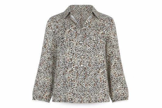 Front view of Notations women’s brown geometric polyester basic button-up, size S, v-neck