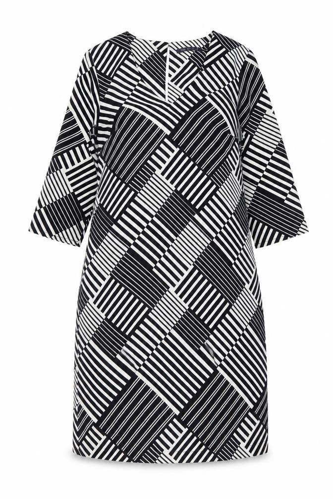Front view of Marks & Spencer women’s black geometric polyester shift, size UK 10, v-neck button