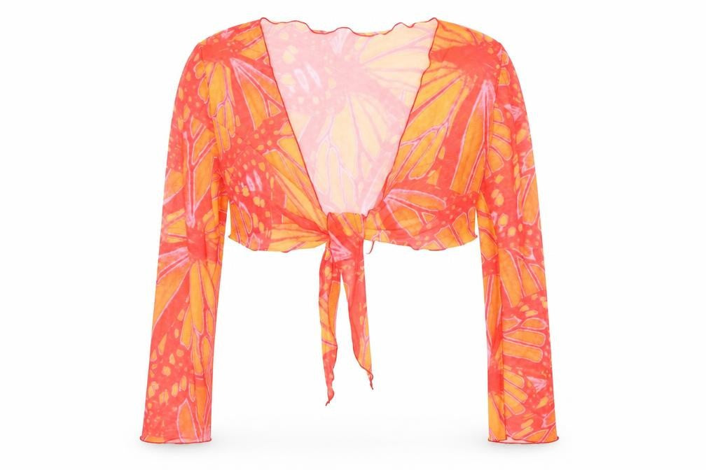 Front view of SHEIN women’s orange geometric polyester wrap blouse, size M, v-neck