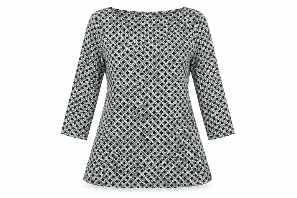 Front view of Marks & Spencer women’s multicoloured geometric viscose a-line, size UK 8, round neck pullover