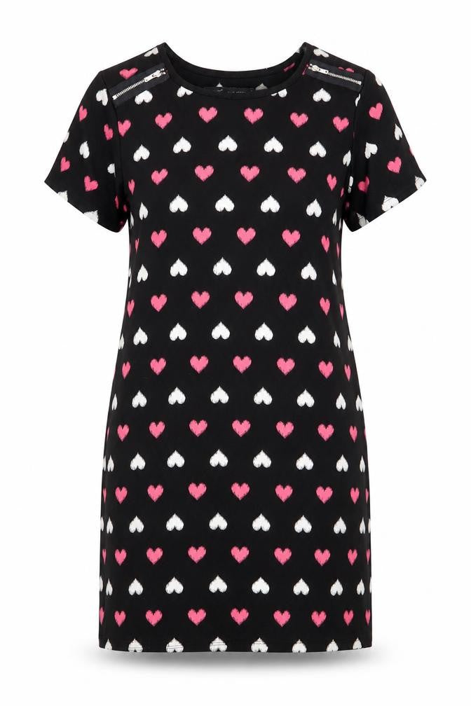 Front view of Next women’s black geometric polyester shift, size UK 12, scoop neck pullover - hearts