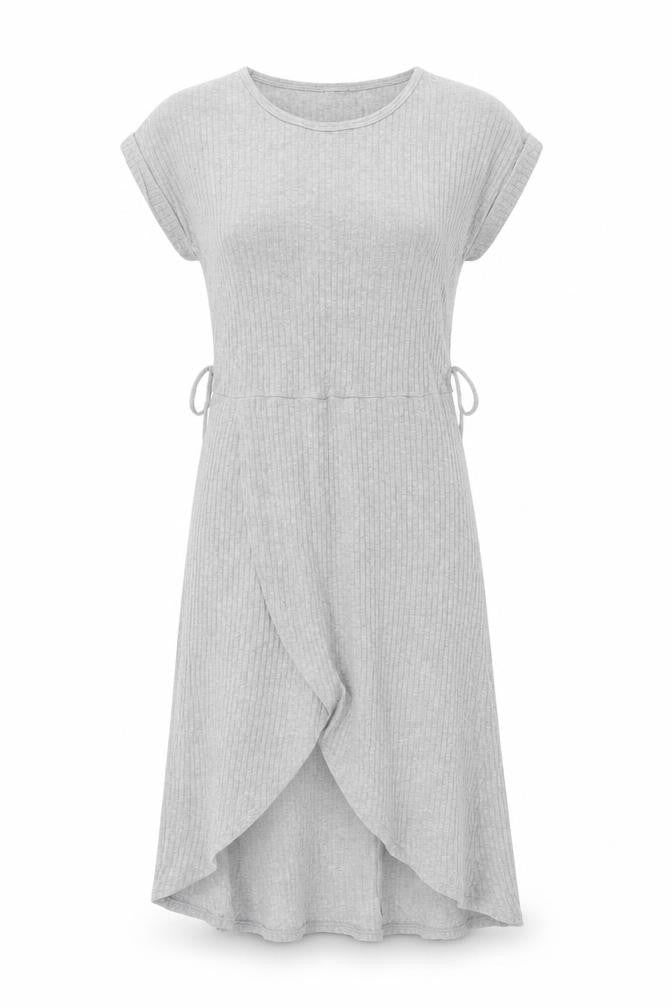 Front view of women’s grey polyester a-line, size M, scoop neck pullover - ribbed