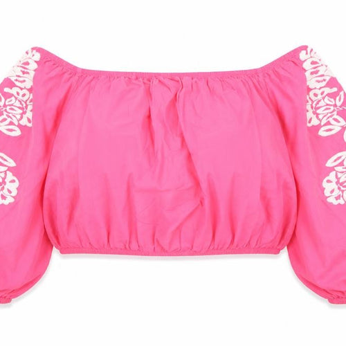 Marks and Spencer Womens Pink Cotton Cropped Blouse Size 18 Boat Neck - Flower Detail