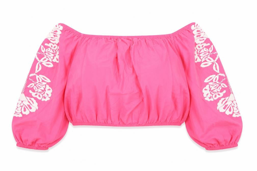 Marks and Spencer Womens Pink Cotton Cropped Blouse Size 18 Boat Neck - Flower Detail
