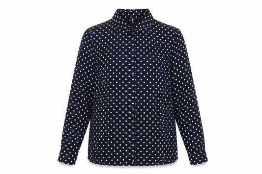 Front view of H&M women’s beige polka dot viscose basic button-up, size UK 10, collared