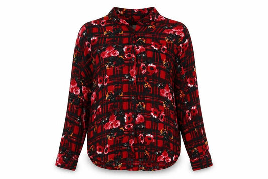Front view of ASOS women’s red geometric viscose basic button-up, size UK 8, v-neck