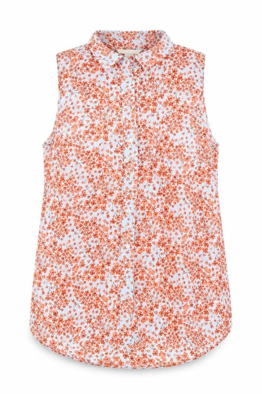 Front view of H&M women’s orange floral polyester basic button-up, size UK 4, collared