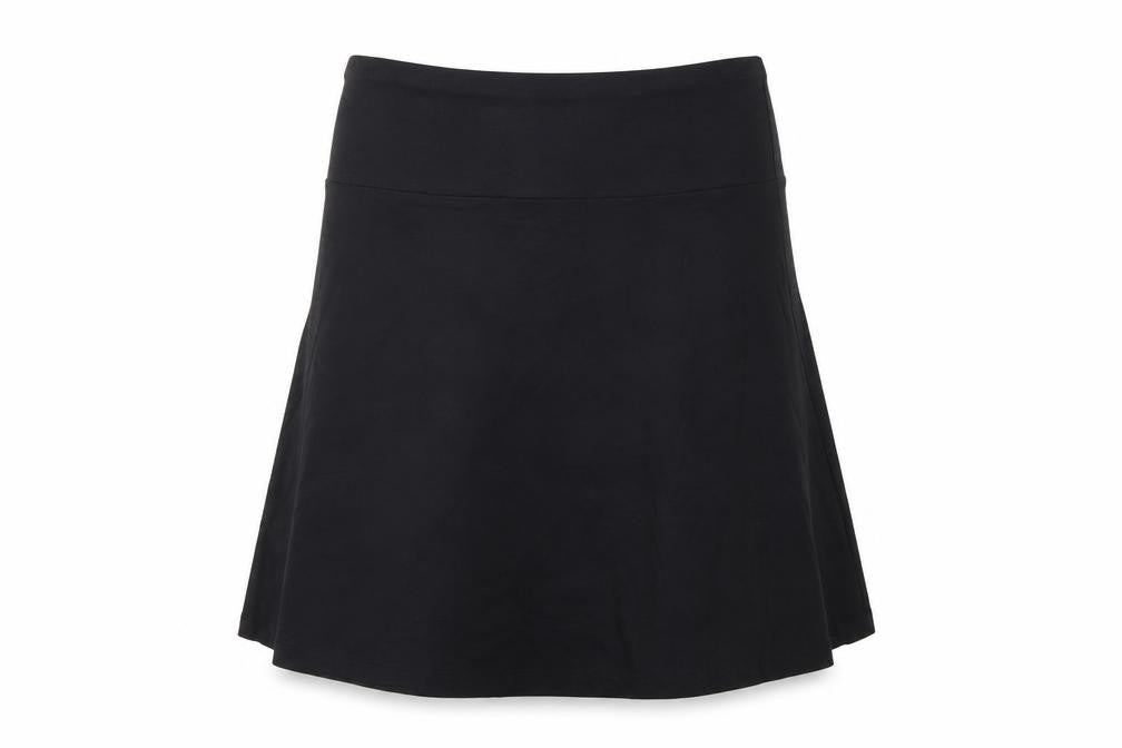 Front view of H&M women’s black polyester swing skirt, size UK 8, hook & loop