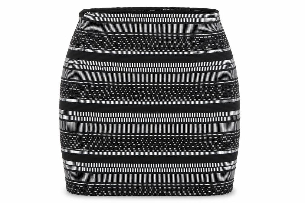 Front view of Atmosphere women’s black geometric polyester bandage skirt, size UK 8, hook & loop