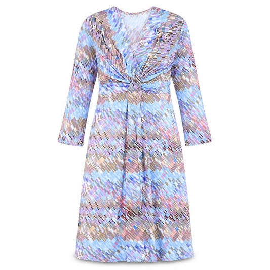 Front view of Faeirique En France women’s multicoloured geometric polyester a-line, size UK 8, v-neck pullover