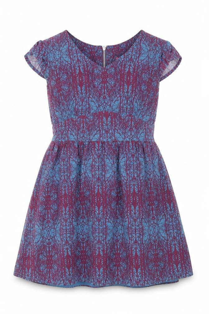 Front view of Ness women’s blue geometric viscose a-line, size UK 10, v-neck zip