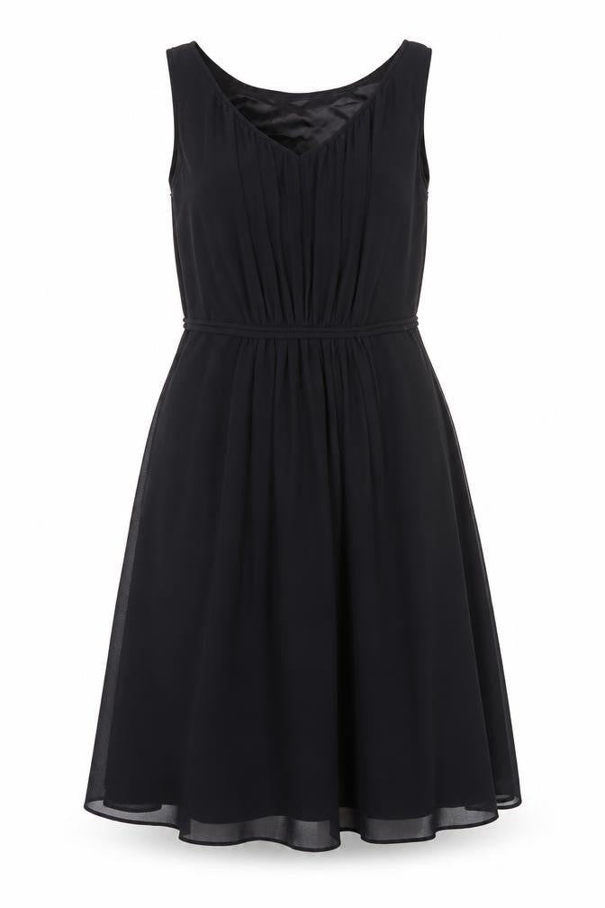 Front view of women’s black polyester a-line, size UK 8, v-neck zip