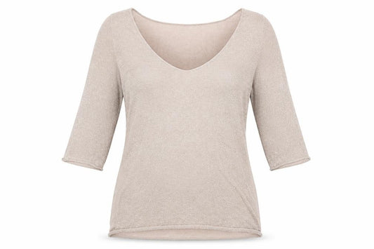 Front view of Devotion women’s beige viscose basic blouse, size L, v-neck