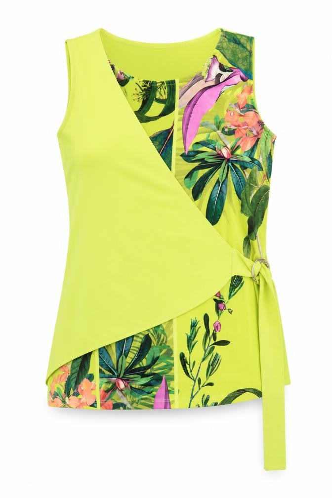 Front view of Next women’s yellow geometric polyester wrap tank, size UK 10, round neck
