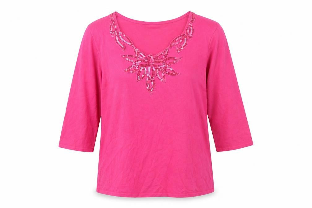 Front view of SKY DESIGNS women’s pink viscose basic t-shirt, size M, v-neck