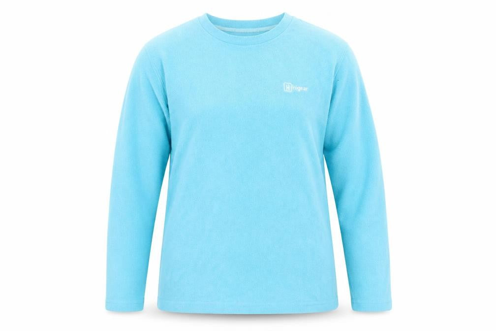 Front view of Hi Gear women’s blue round neck polyester jumper, size UK 14