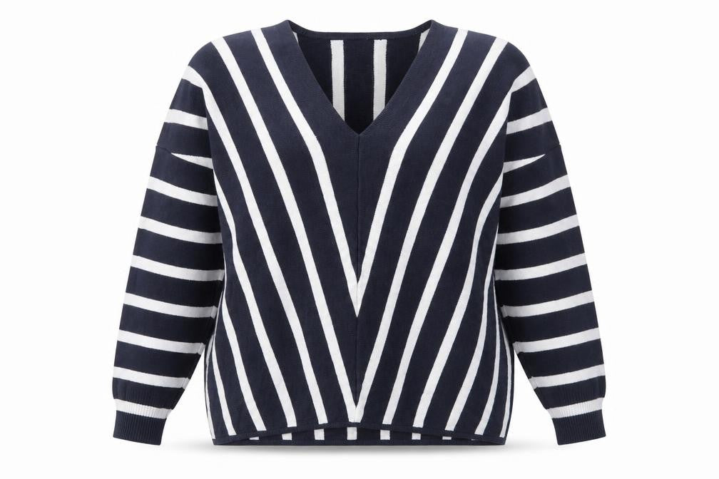 Front view of Only women’s blue v-neck striped viscose jumper, size S