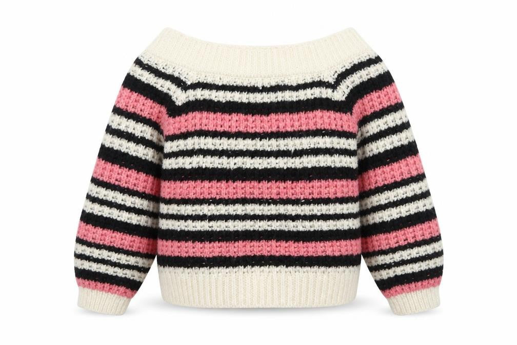 Front view of River Island women’s pink boat neck striped acrylic jumper, size UK 8