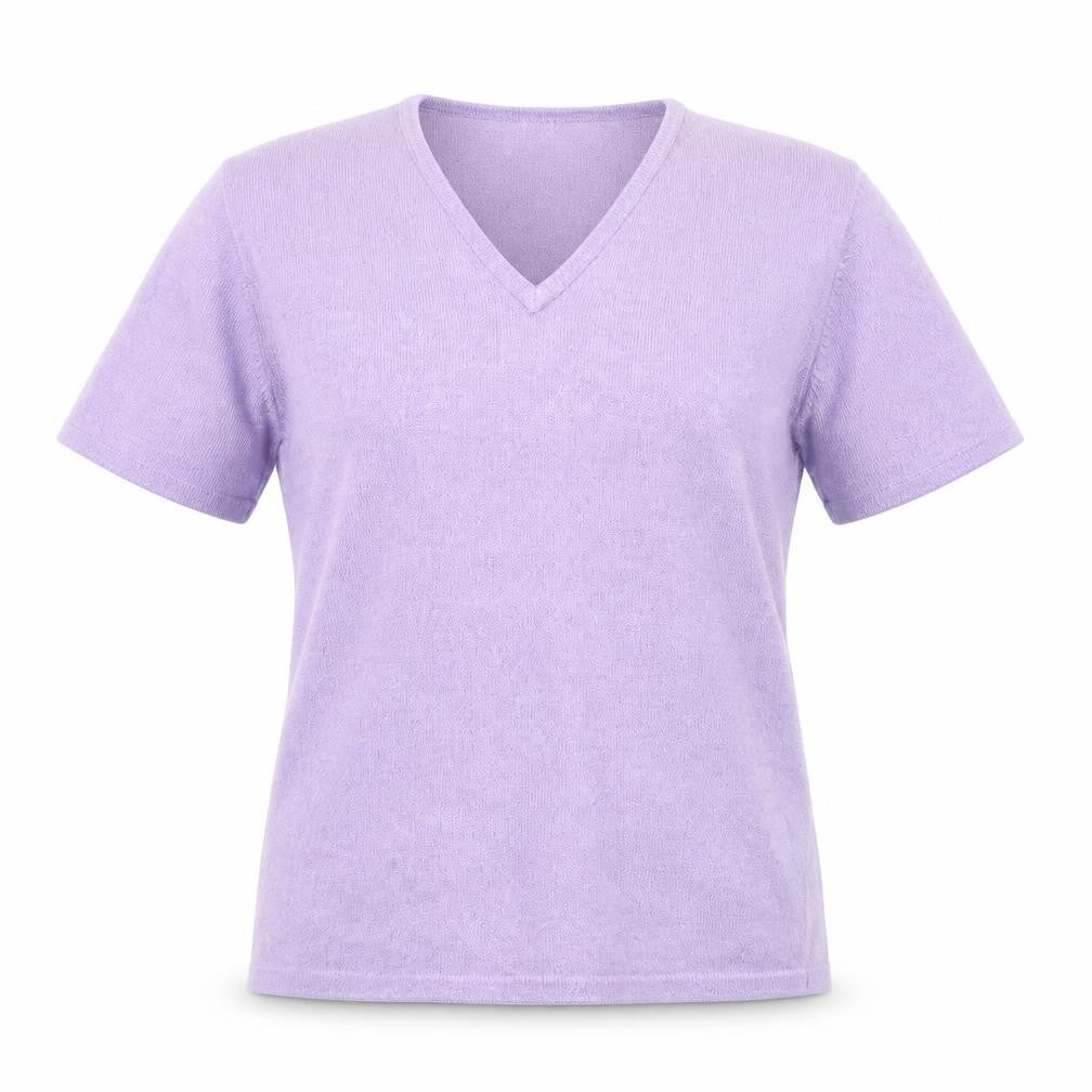 Front view of Akal Collection women’s purple polyester basic t-shirt, size S, v-neck
