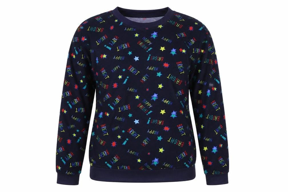 Front view of Avenue women’s blue geometric polyester pullover sweatshirt, size UK 8, pullover - star pattern