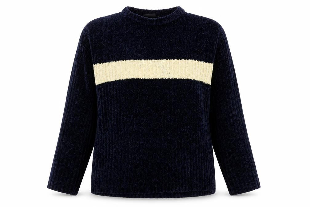 Front view of Duke women’s blue round neck acrylic jumper, size L