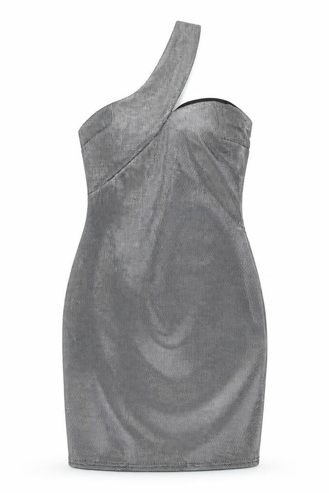 Front view of ASOS women’s silver polyester bodycon, size UK 10, off the shoulder zip