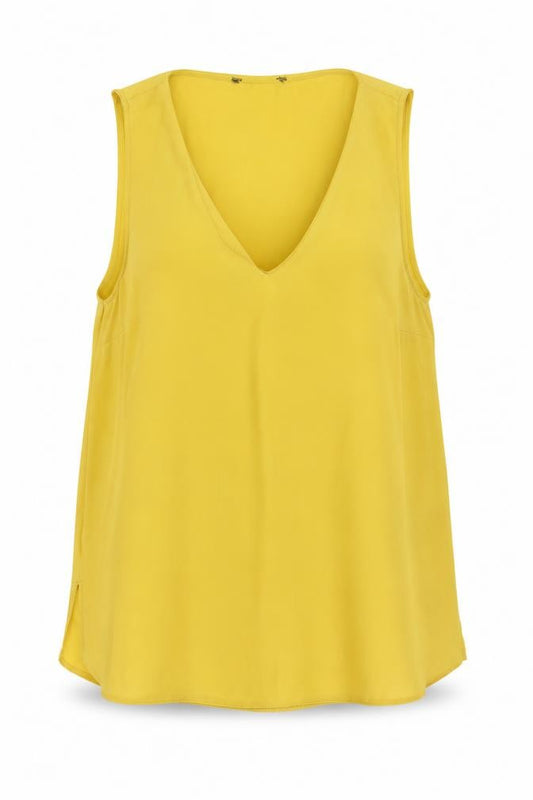 Front view of Primark women’s yellow polyester basic tank, size UK 12, v-neck