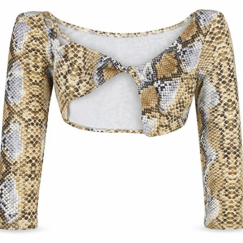 In the Style Womens Brown Animal Print Polyester Cropped Blouse Size 10 Off the Shoulder - Snake Skin Print