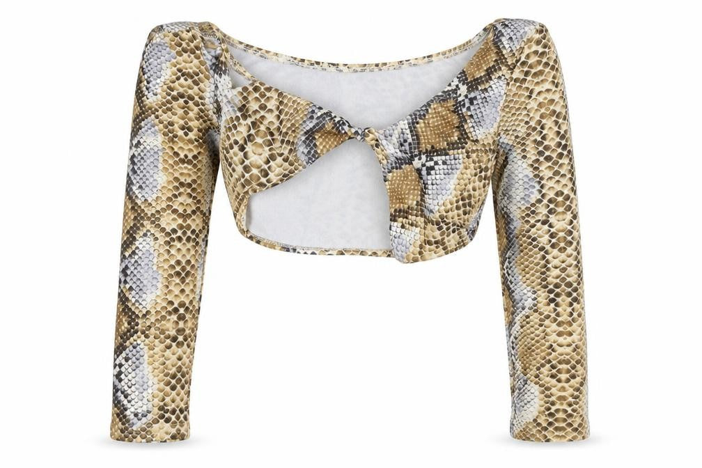 In the Style Womens Brown Animal Print Polyester Cropped Blouse Size 10 Off the Shoulder - Snake Skin Print