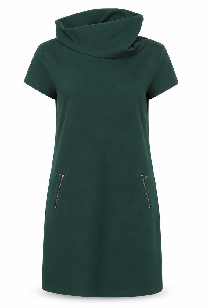 Front view of Sabrina Diamanti women’s green polyester shift, size XL, roll neck zip